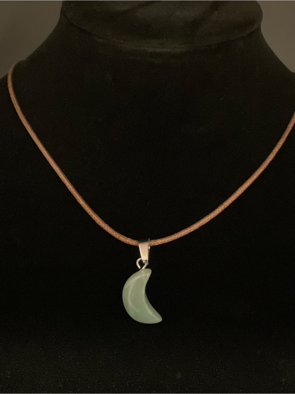 Aventurine Green Crescent Pendant Necklace on Brown Cord